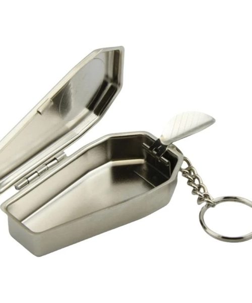 Cendrier de poche cercueil en fer blanc avec bouton-poussoir