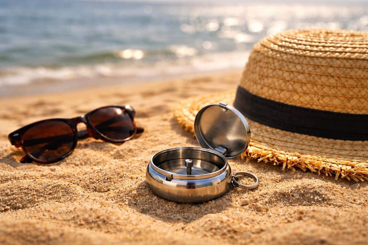 Cendrier de poche en acier posé sur du sable de plage à côté de lunettes de soleil