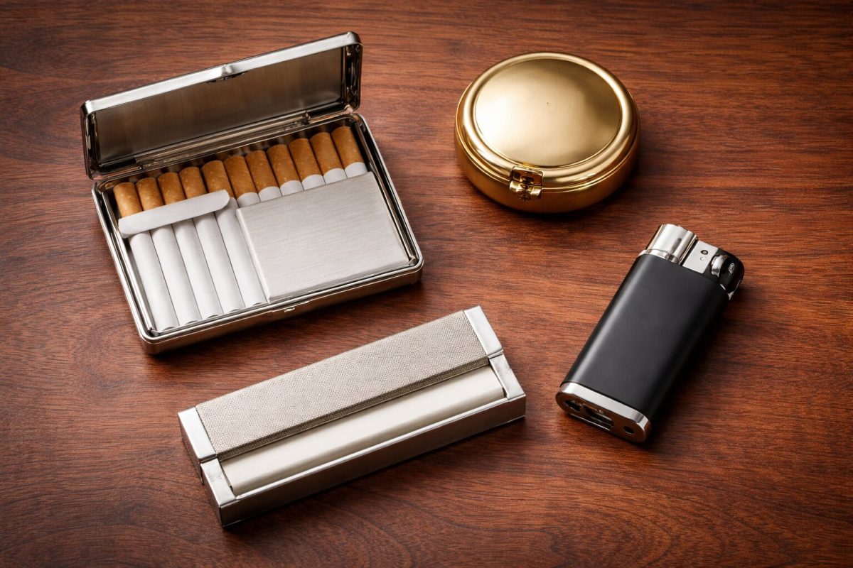 Accessoires indispensables du fumeur : étui à cigarettes, cendrier de poche, briquet, porte-cigarette