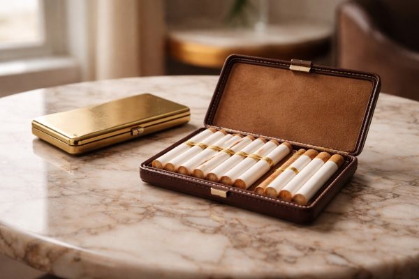 Étui à cigarettes élégant pour femme et homme en cuir et métal doré
