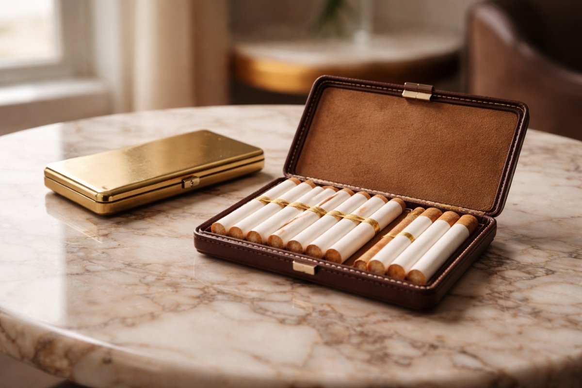 Étui à cigarettes élégant pour femme et homme en cuir et métal doré